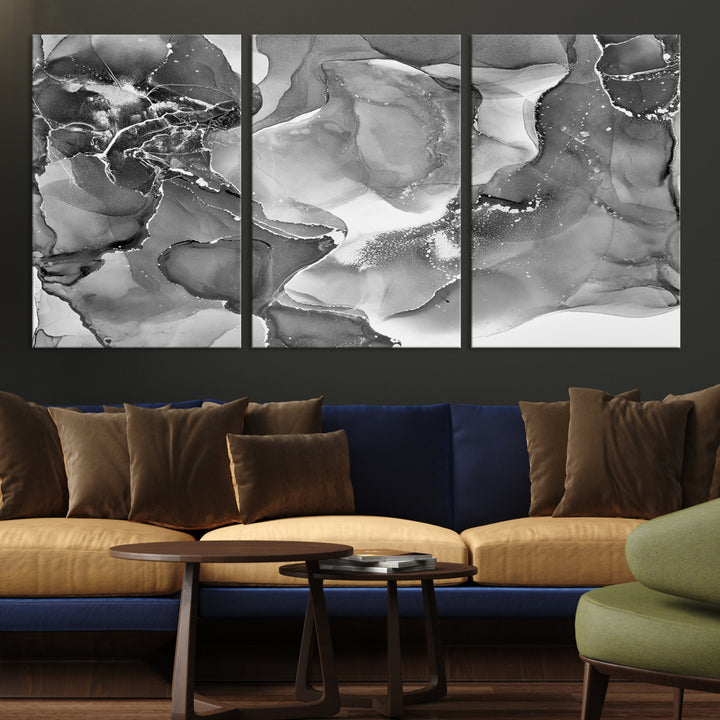 Black White Abstract Canvas Wall Art - Fluid Ink Artwork - Modern Luxury Wall Decor for Contemporary Interiors