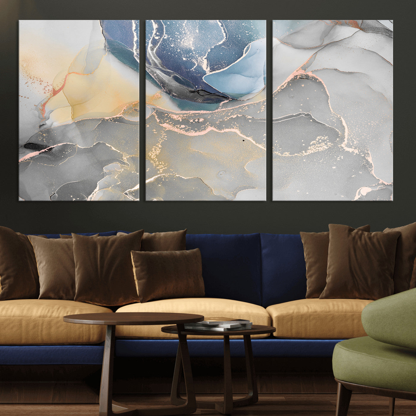 MGV-CV-60X30-3P - Large Abstract Blue and Gold Canvas Wall Art | Fluid Ink Artwork Print | Luxury Wall Decor for