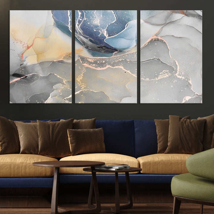 Large Abstract Blue and Gold Canvas Wall Art | Fluid Ink Artwork Print | Luxury Wall Decor for Contemporary Interiors | Framed Blue and Gold