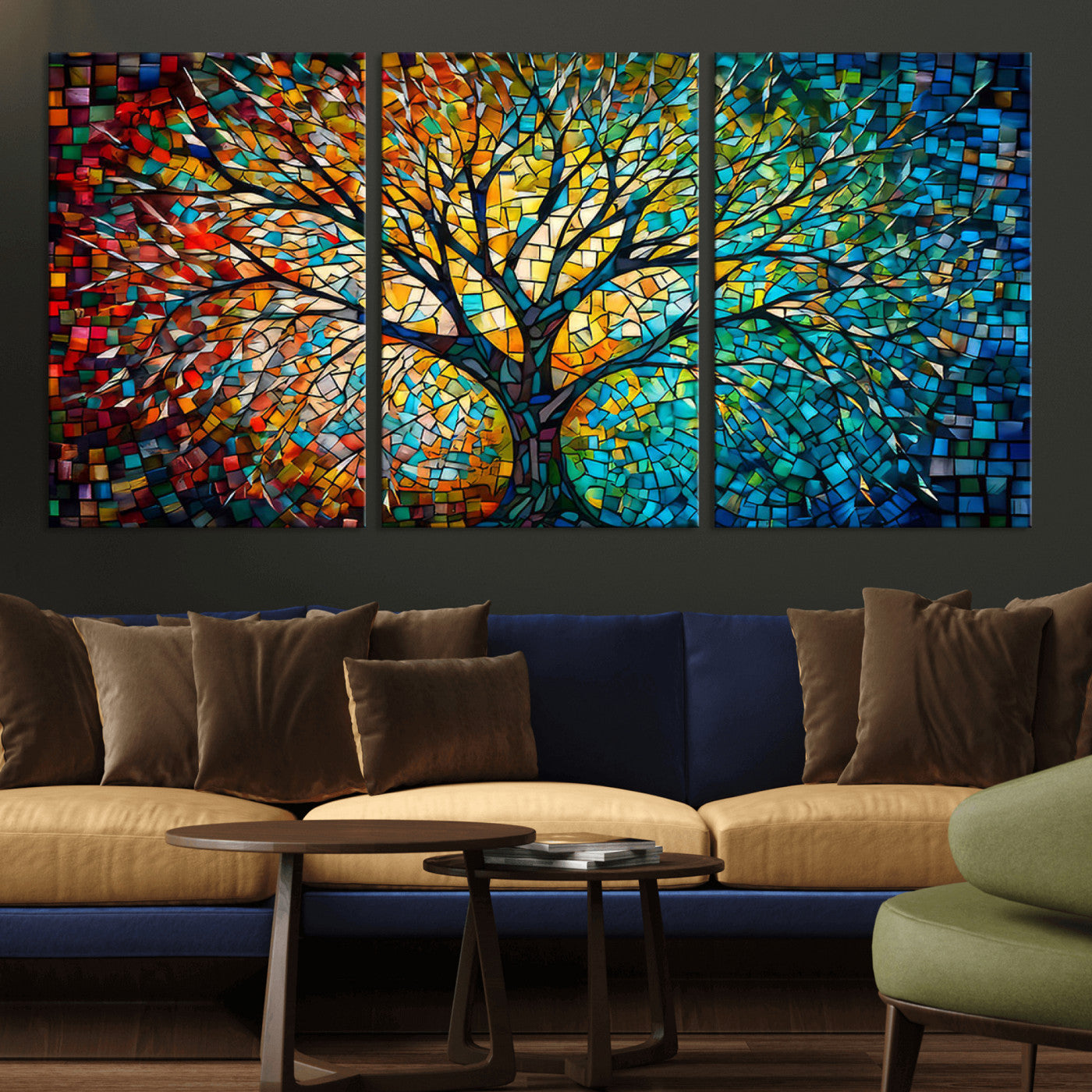 99325-MGV-CV-36X24-Yggdrasil Tree of Life Wall Art Print Canvas | Mosaic Style 3-Panel Canvas Print