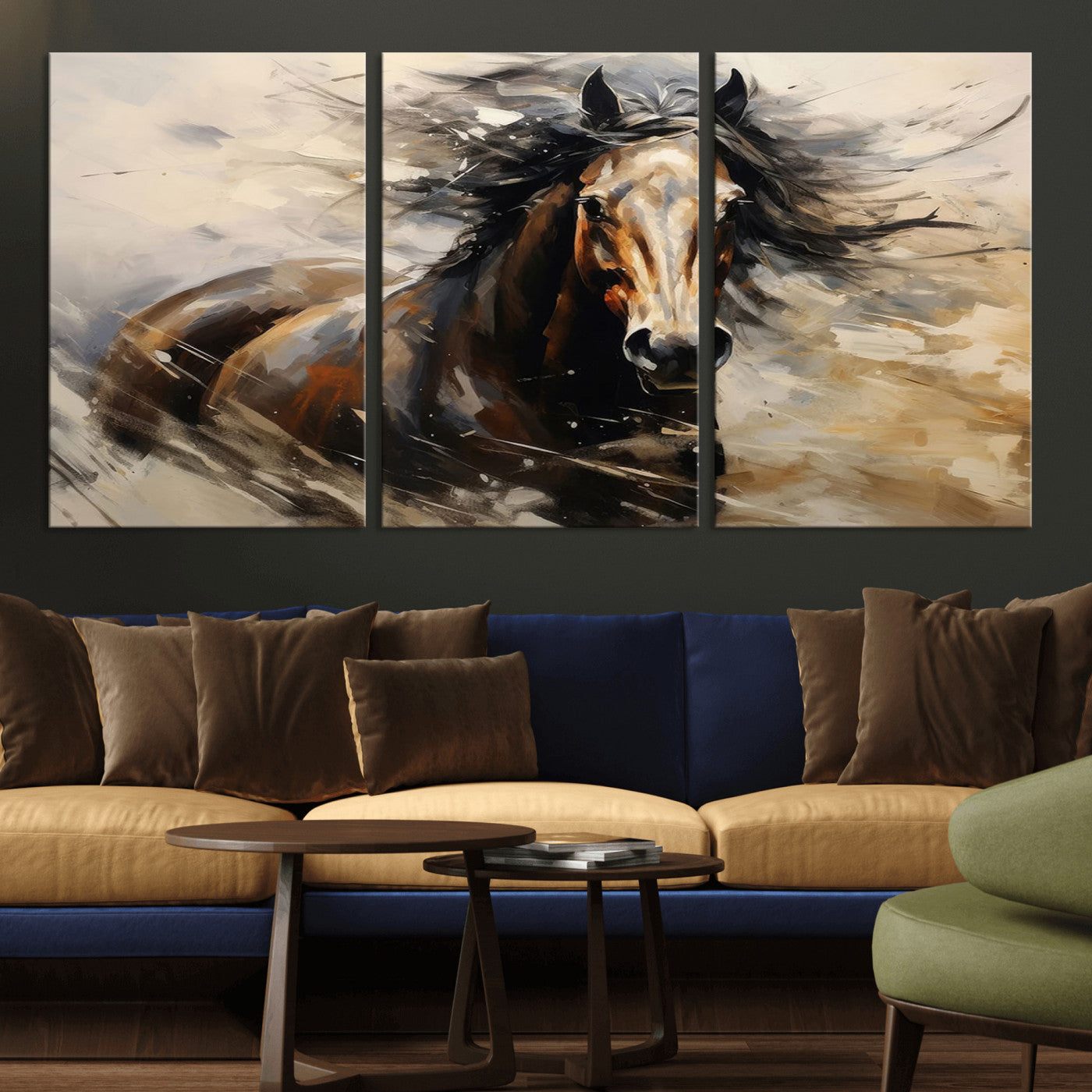 MGV-CV-60X30-3P - Abstract Wall Art Horse Print - Large Western Horse Canvas - Farmhouse Woodland Wall Art - Framed