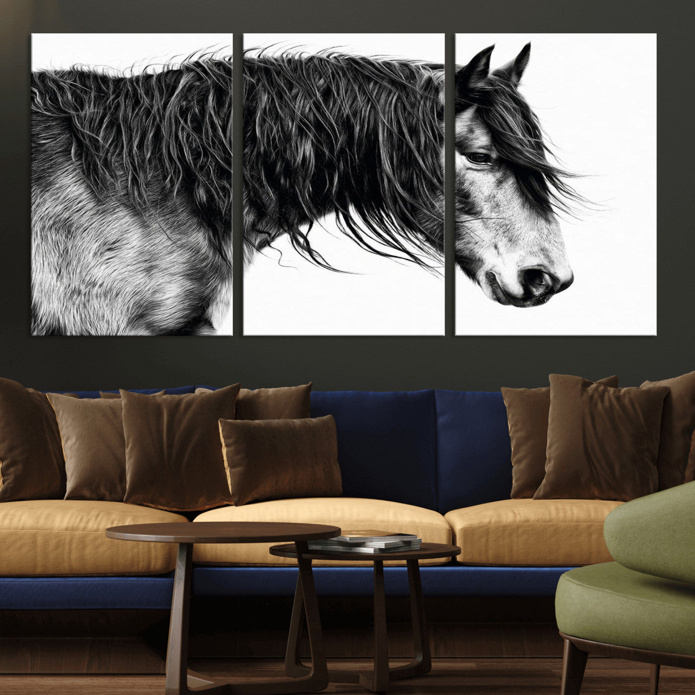 MGV-CV-60X30-3P - Black Horse Wall Art Canvas Print for Farmhouse Decor and Woodland Decoration