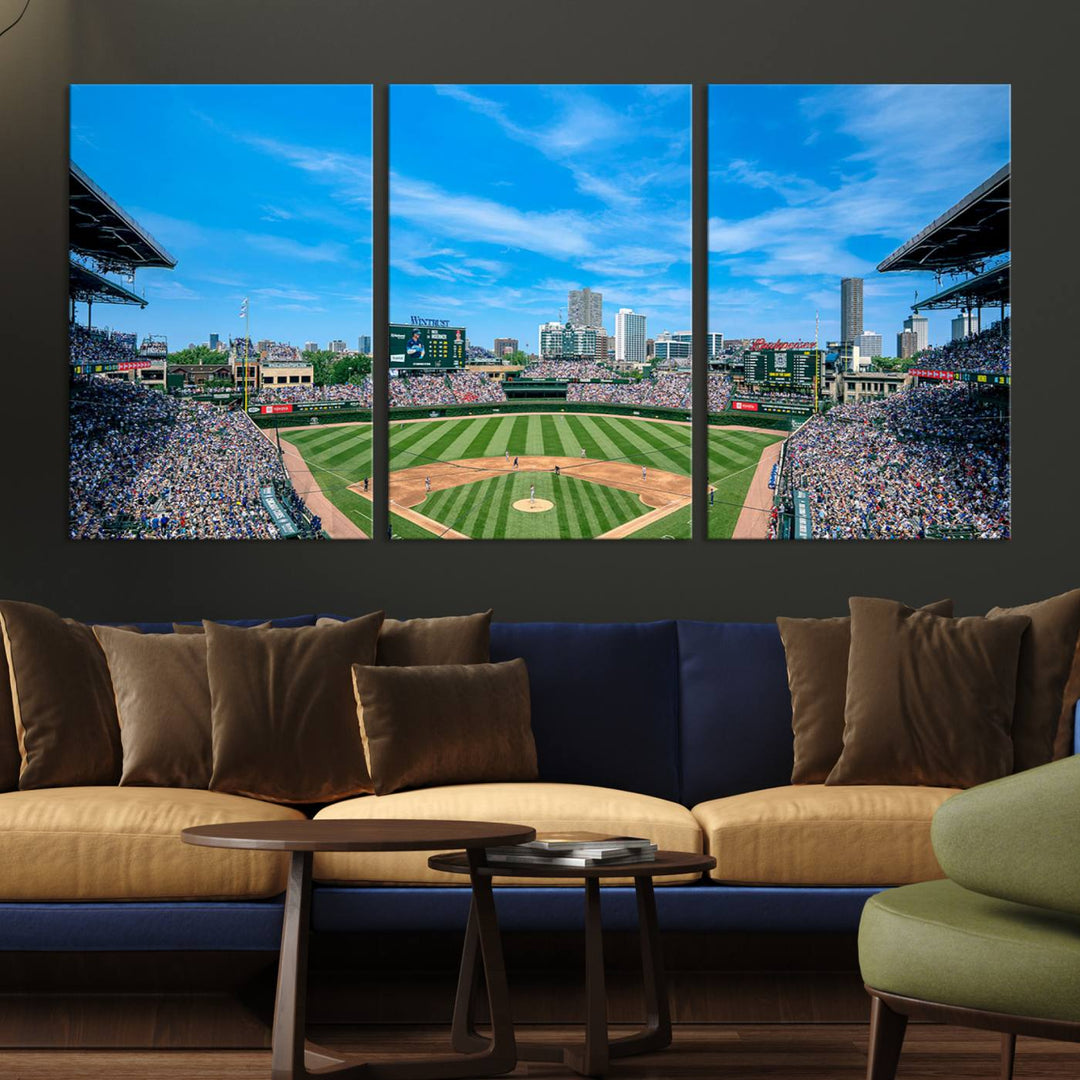 The Wrigley Field Chicago Cubs canvas art, depicting the iconic stadium, is perfect for sports lovers.