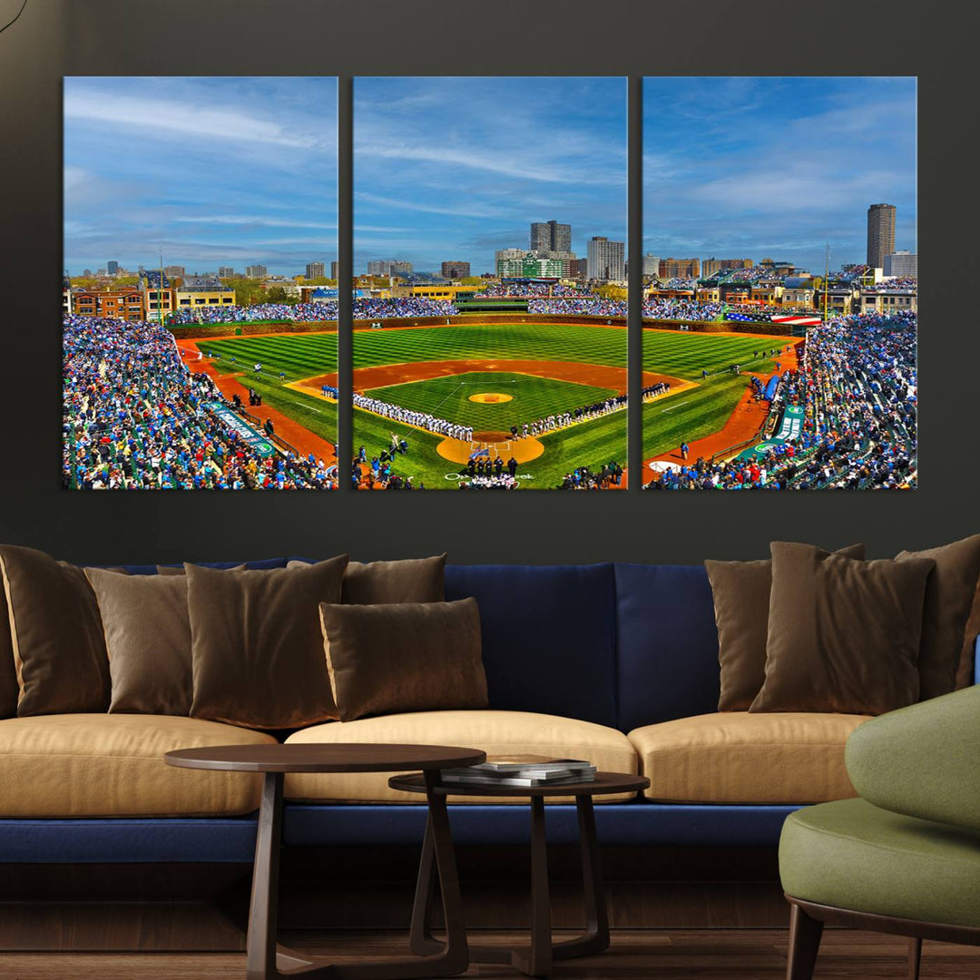 The Wrigley Field Cubs Panoramic Canvas Art hangs prominently in the modern living room.