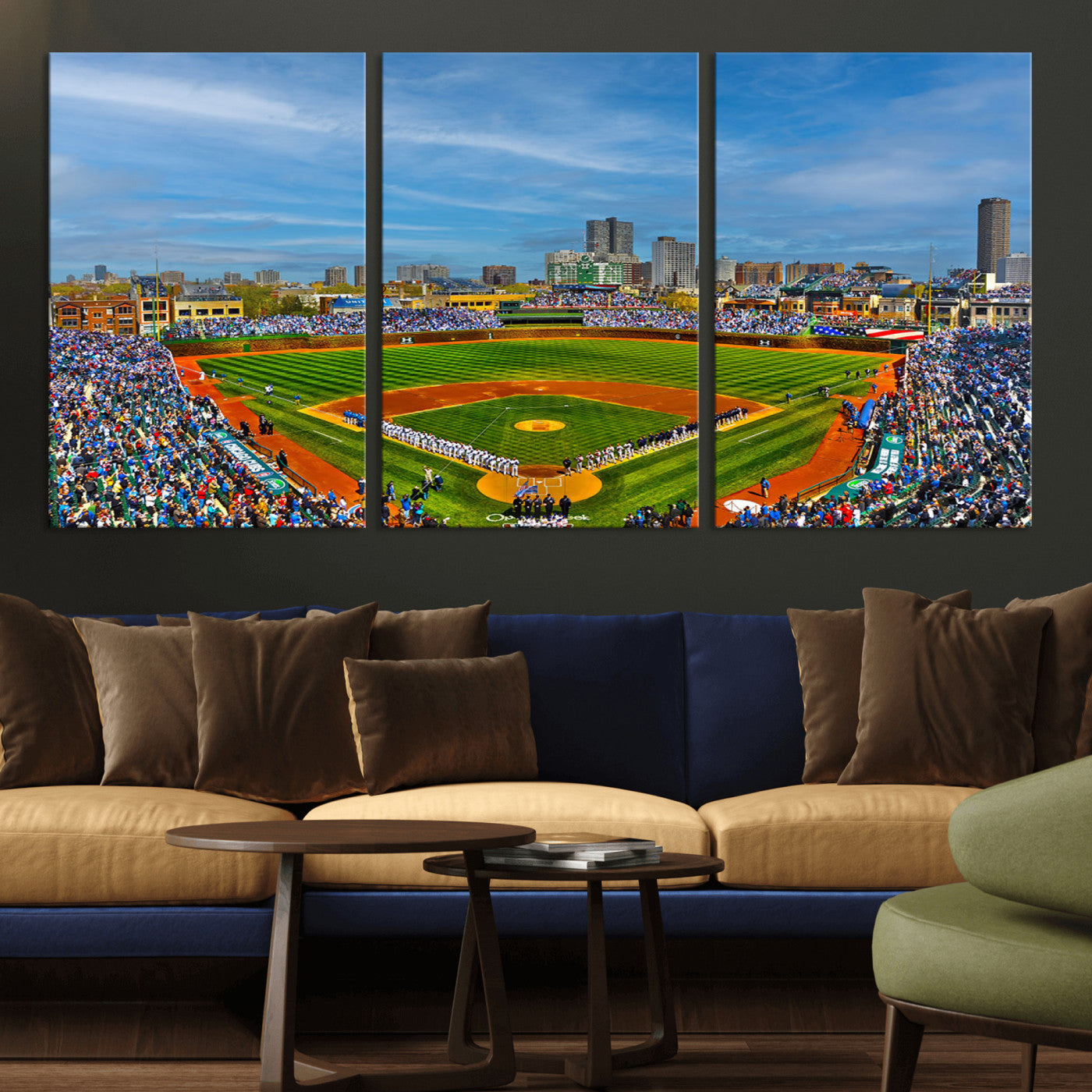 MGV-CV-60X30-3P - Wrigley Field Chicago Cubs Panoramic Multi Piece Canvas Wall Art - Iconic Baseball Stadium Canvas