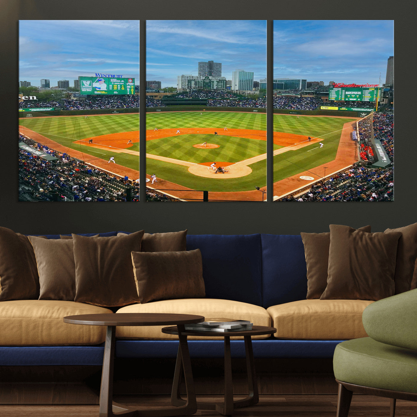 MGV-CV-60X30-3P - Wrigley Field Chicago Cubs Panoramic Multi Piece Canvas Wall Art - Iconic Baseball Stadium Print for