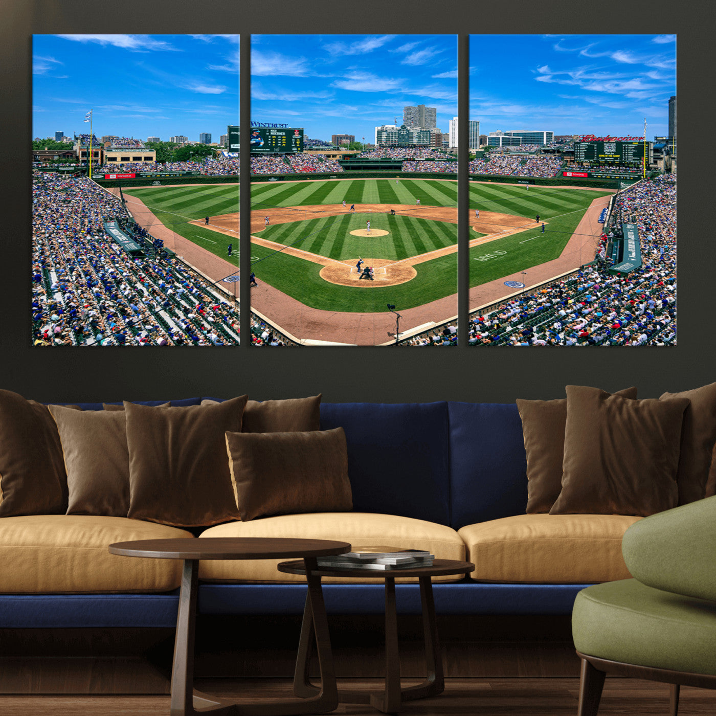26064-MGV-CV-30X20-Framed Wrigley Field Chicago Cubs Print, Panoramic Multi Piece Canvas Wall Art - Iconic Baseball Stadium Print for Sports Lovers - Ready to