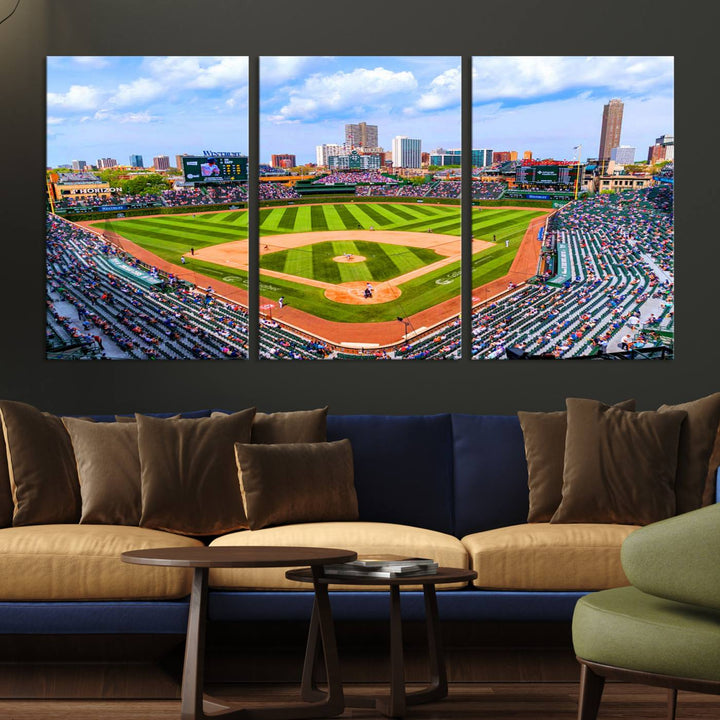 A 3-piece panoramic canvas wall art showcases an aerial view of a packed Chicago Cubs game at Wrigley Field, perfect for sports lovers.