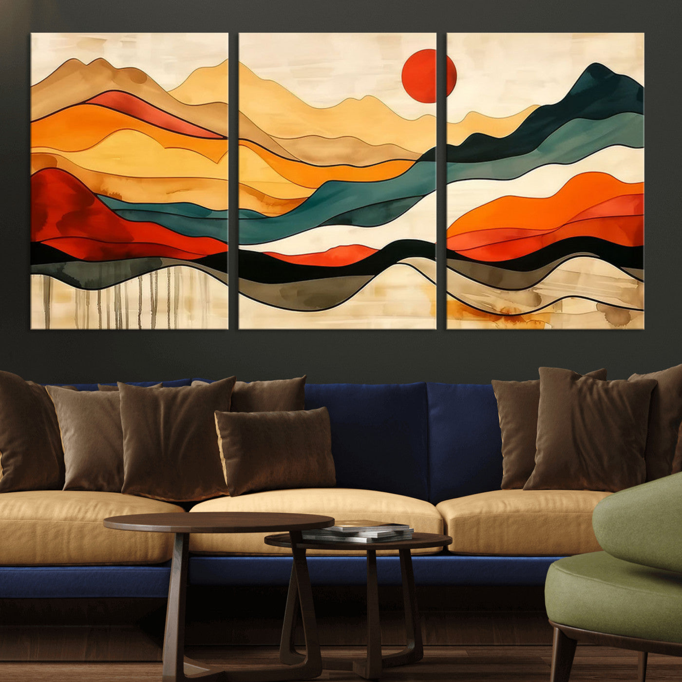 A vibrant abstract landscape featuring layered hills in rich earth tones with a striking red sun, evoking warmth and movement in a minimalist style.