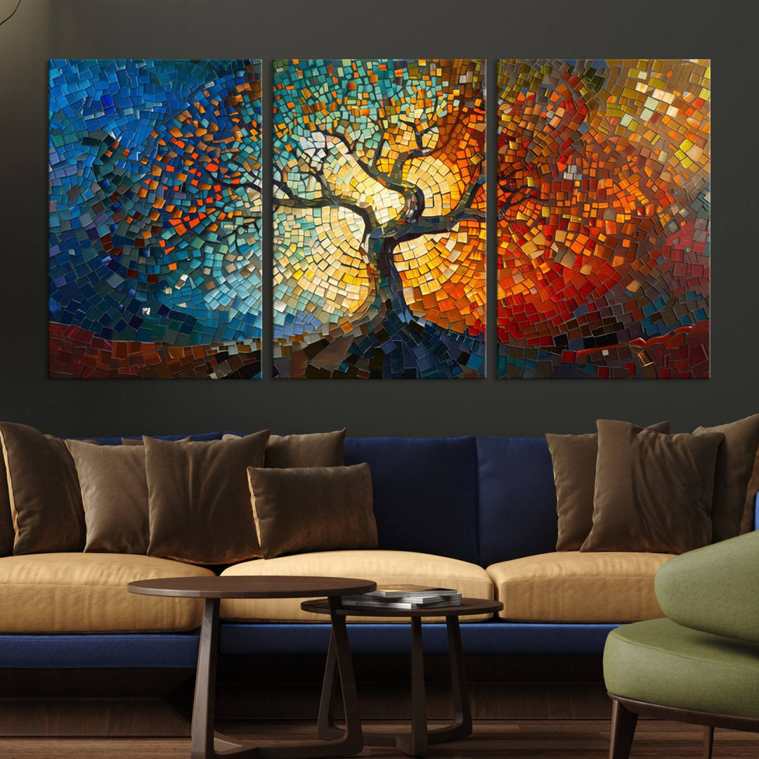 Mosaic Tree Canvas Wall Art: A stunning stained glass-inspired Tree of Life featuring blue and orange swirling patterns reminiscent of a sunburst.