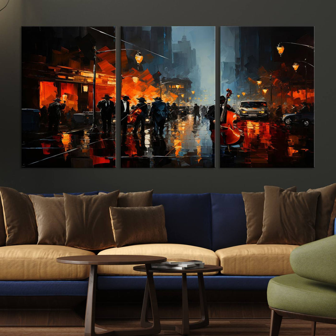 Framed Abstract Music Canvas: Jazz musicians on a rainy city street at night, with warm lights reflecting on wet pavement.