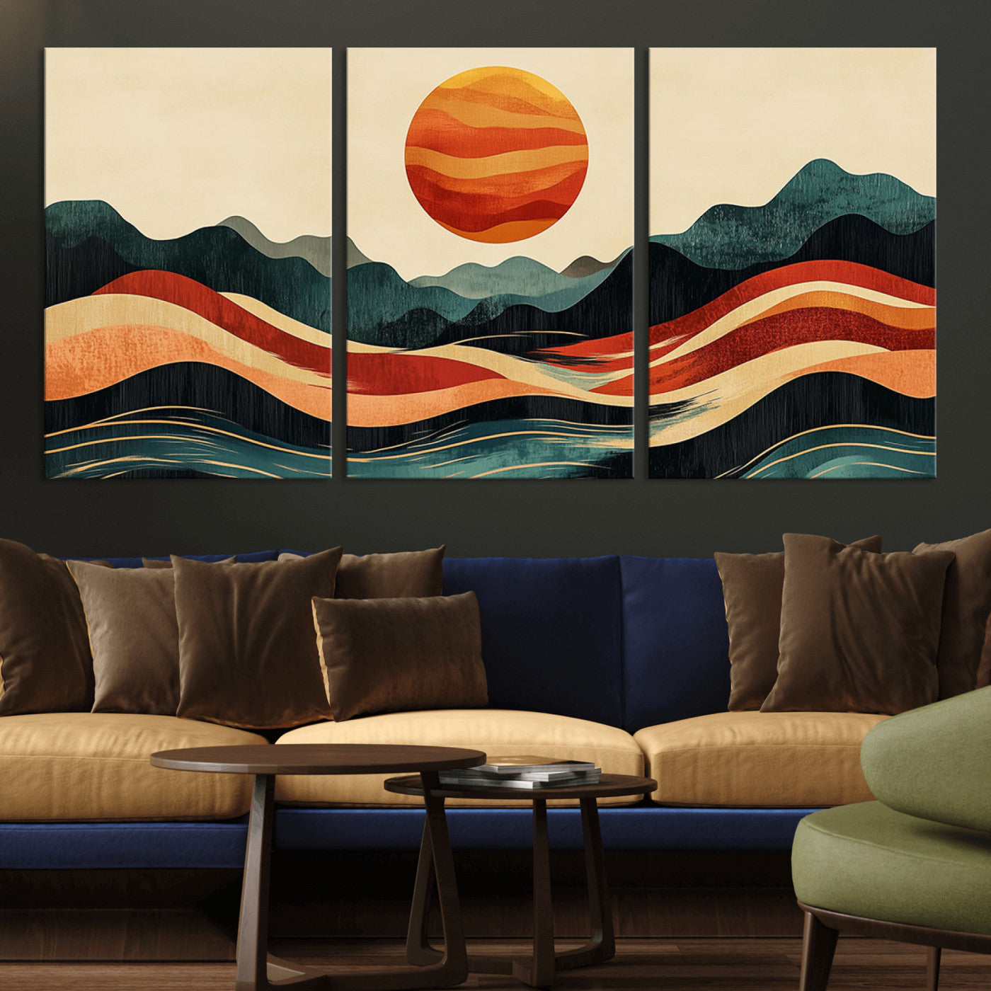 MGV-CV-60X30-3P - Mountain Triptych Wall Art - Western Nature Prints - Framed Boho Pine Tree Canvas for Log Cabin or