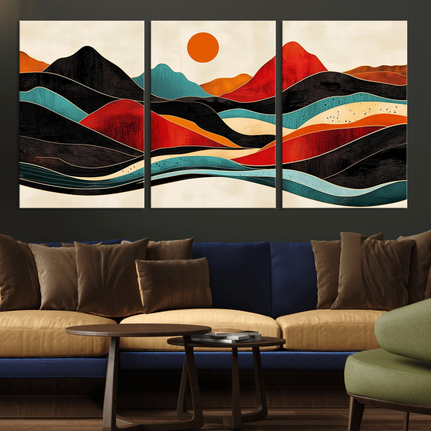 MGV-CV-60X30-3P - Western Wall Decor - Large Triptych Mountain Canvas - Boho Woodland Wall Art Print - Framed
