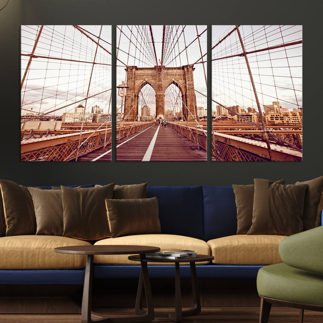 The three-panel "Wall Art New York Manhattan Cityscape Canvas Print" of the Brooklyn Bridge makes an ideal addition to minimalist interiors, capturing the essence of abstract expressionism.