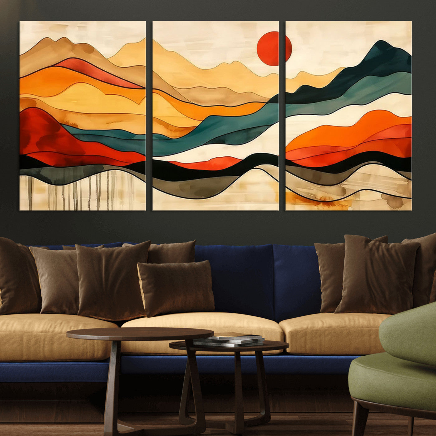 MGV-CV-60X30-3P - Mid Century Wall Art Print  - Abstract Woodland Print - Modern Art Panoramic Mountain Wall Art