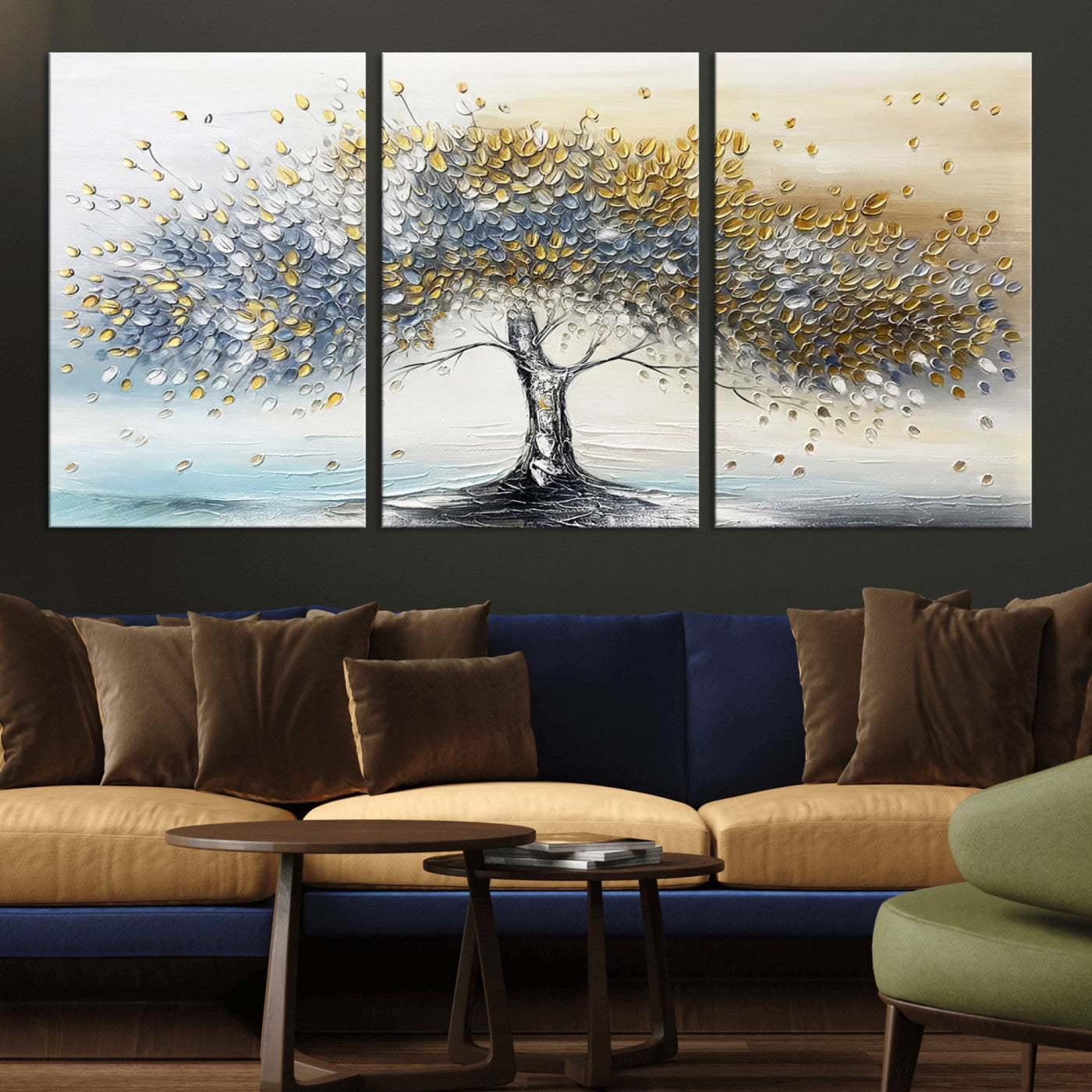 An elegant impasto painting featuring a tree with shimmering silver and gold leaves, blending soft pastels to create a calm and sophisticated atmosphere.