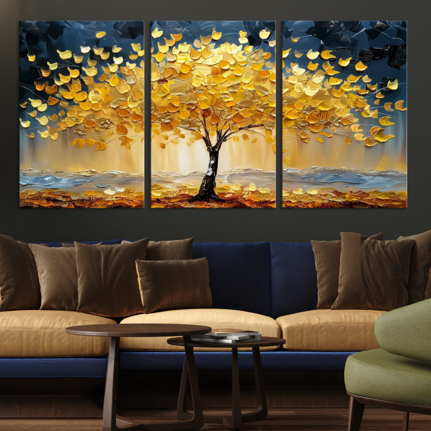A stunning impasto painting captures the golden hues of autumn with a vibrant tree glowing against a dramatic blue and brown backdrop.