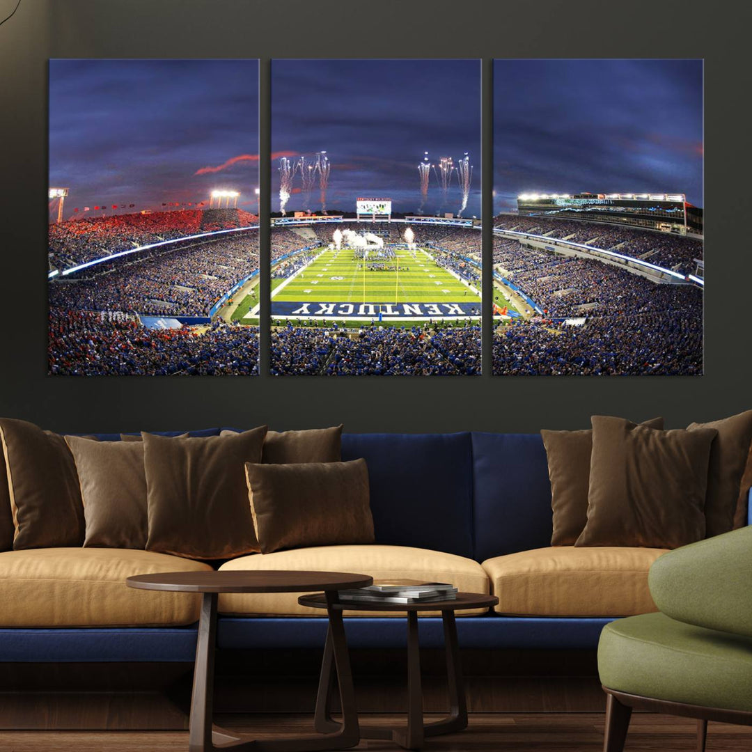 A filled stadium at dusk and fireworks overhead are beautifully captured in the Kroger Field Canvas Wall Art - Sunset Football Stadium Decor.