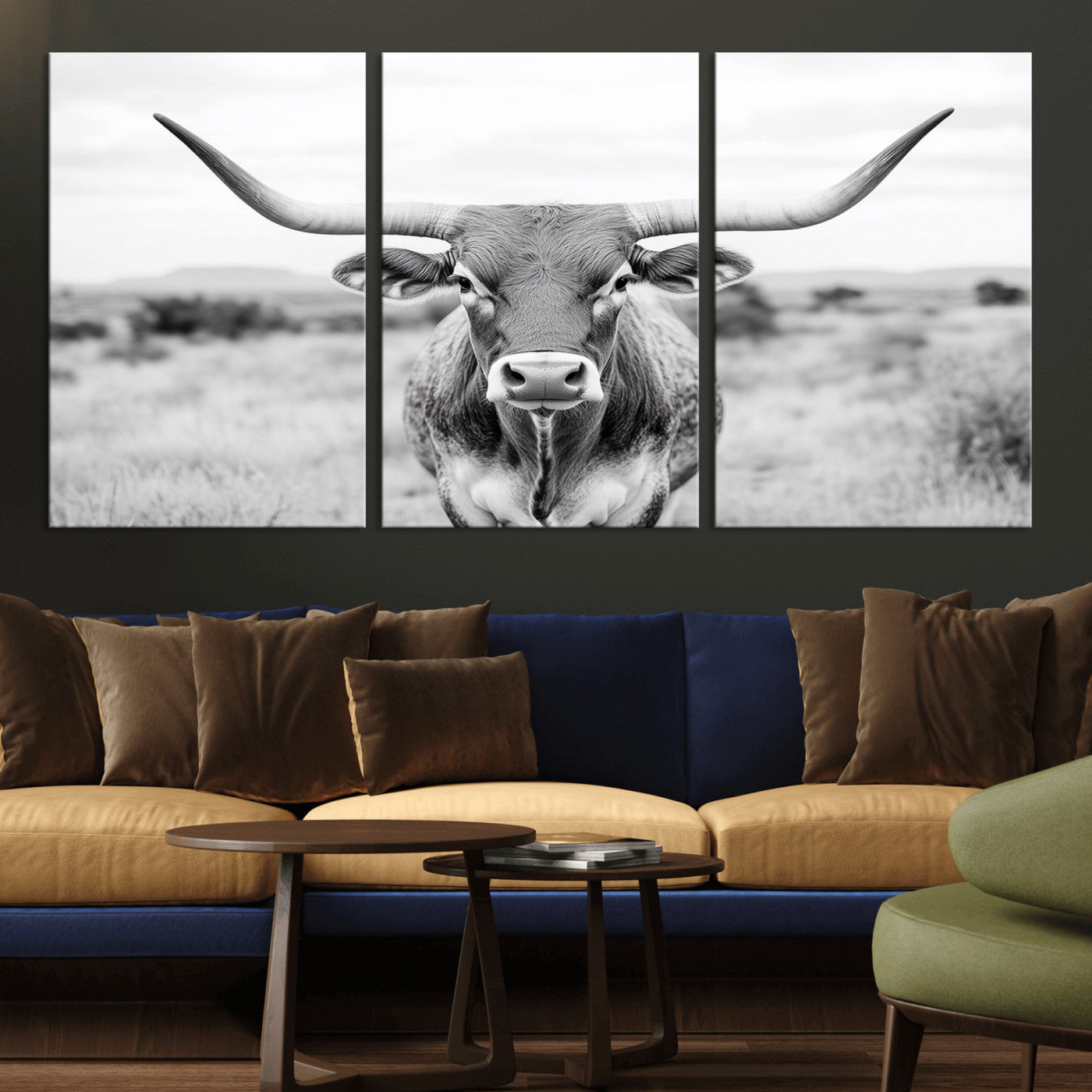 MGV-CV-60X30-3P - Highland Cow Wall Art Print - Black and White Texas Western Longhorn Canvas - Farmhouse Decor Print