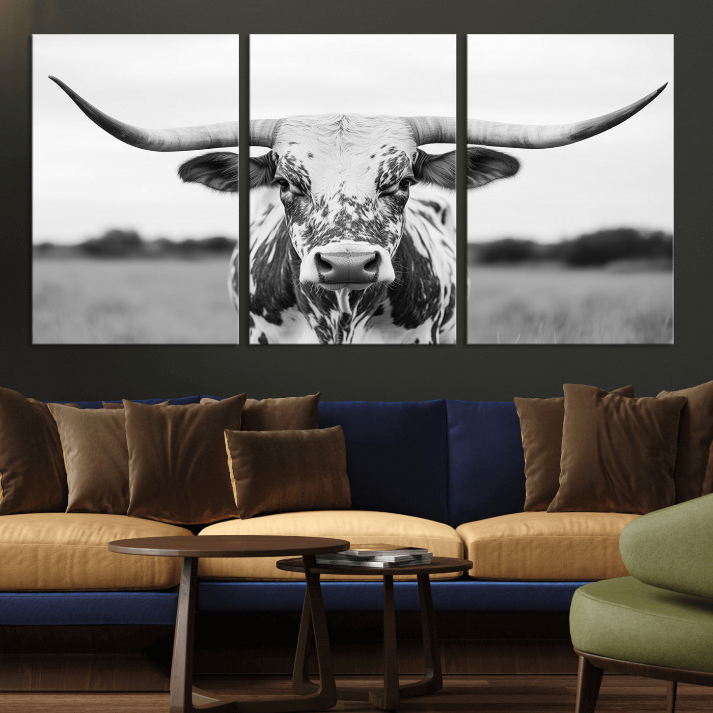 MGV-CV-60X30-3P - Highland Cow Wall Art - Black and White Western Longhorn Canvas Print - Farmhouse Living Room Decor