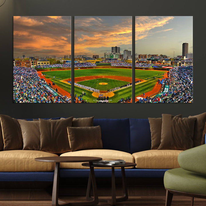 Aerial view of Wrigley Field at sunset against a vibrant sky, creating the perfect Chicago Wrigley Field Canvas Wall Art.