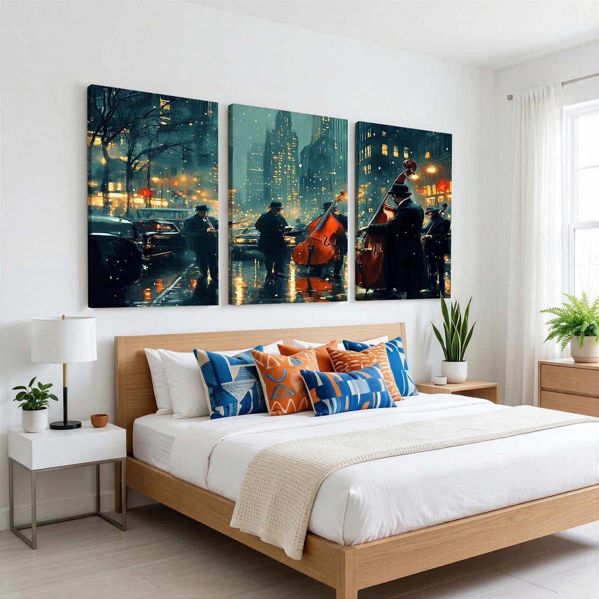53391-MGV-CV-24X16 - Urban Night Jazz Wall Art Canvas Print | Moody Rain Soaked City Street Band Scene