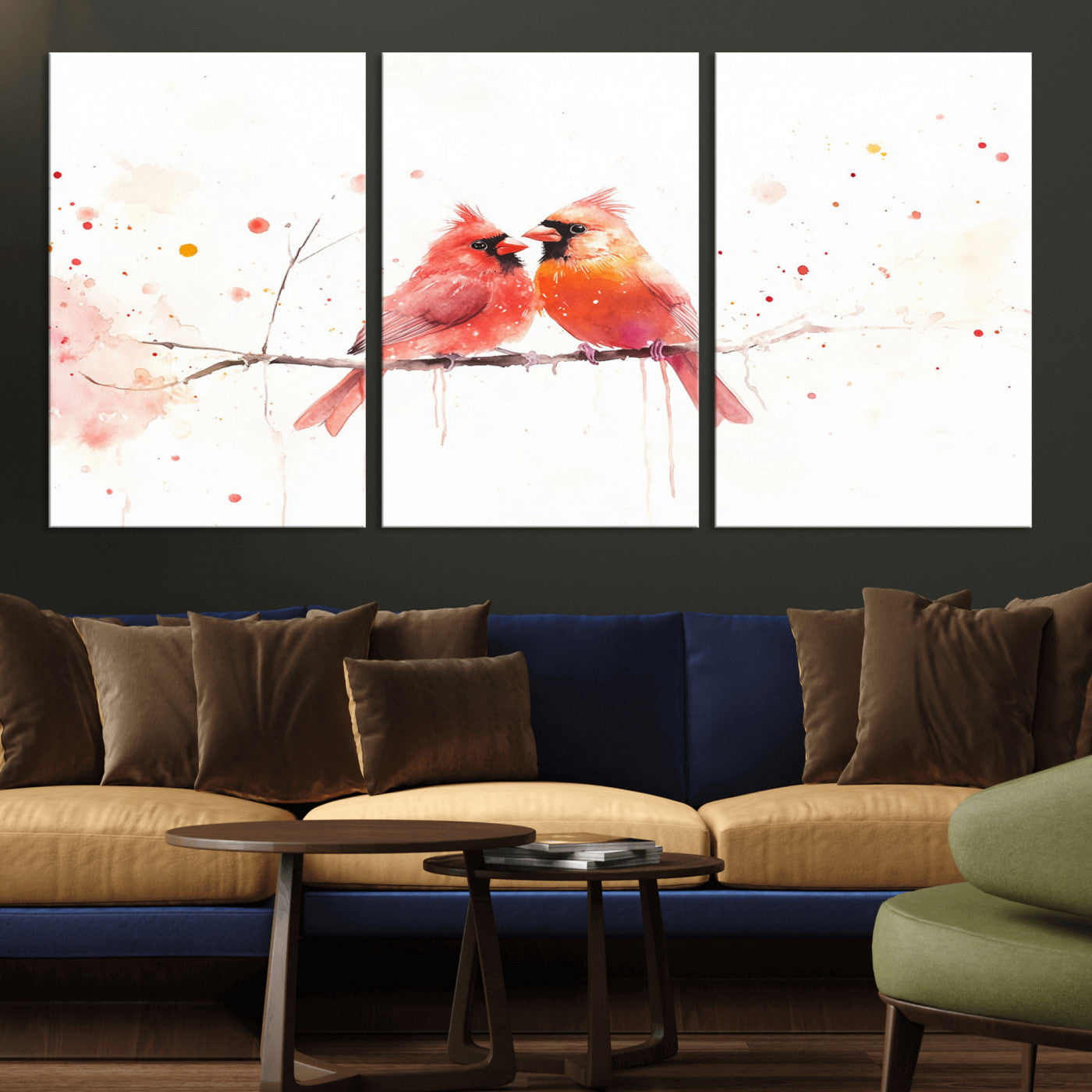 MGV-CV-60X30-3P - Cardinal Bird Canvas Wall Art - Male and Female Cardinal Print - Nature-Inspired Bird Wall Decor for