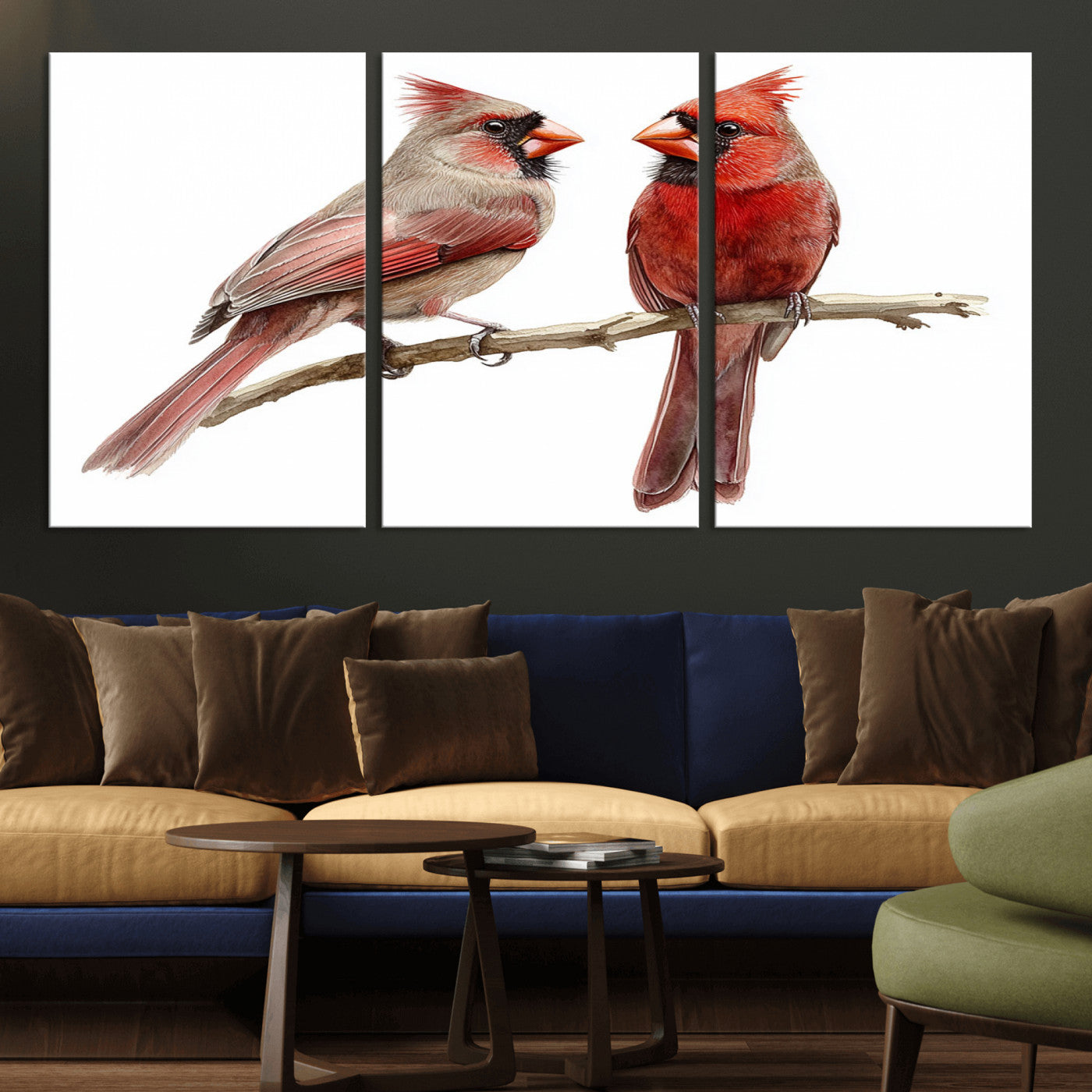 MGV-CV-60X30-3P - Cardinal Bird Canvas Wall Art - Male and Female Cardinal Print - Abstract Bird Wall Decor for Home -