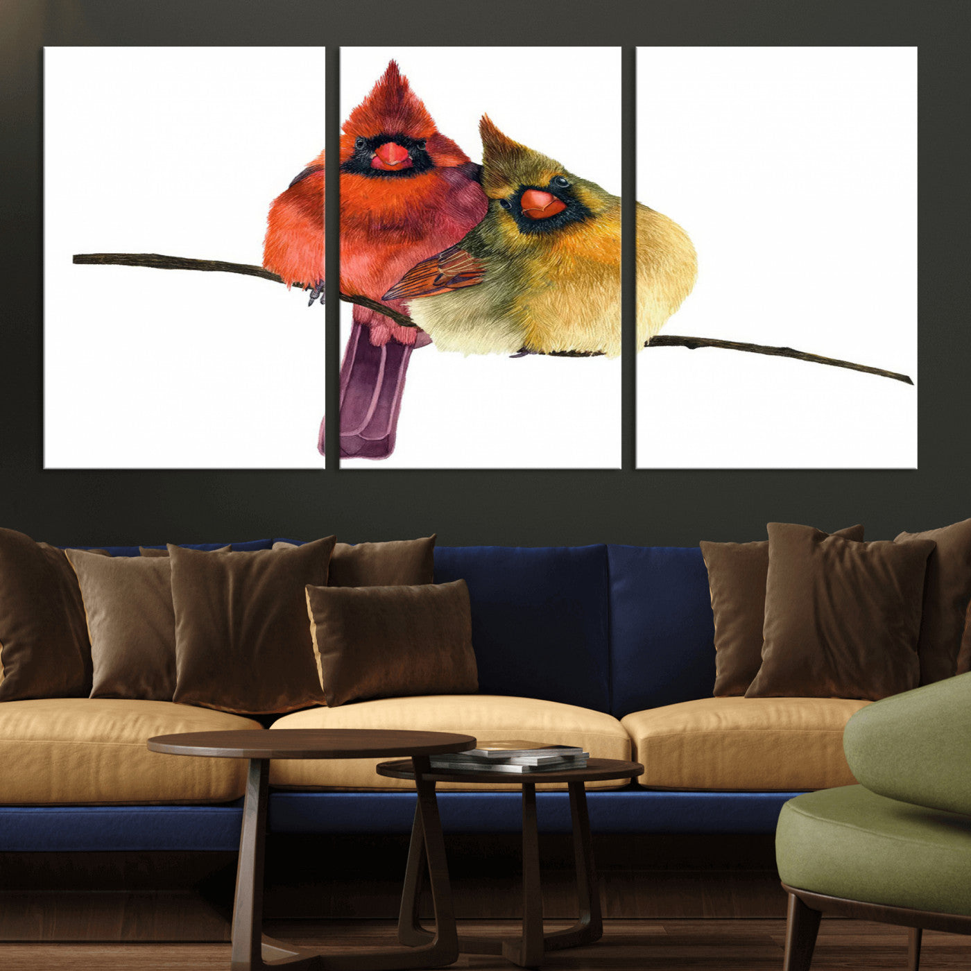 MGV-CV-60X30-3P - Cardinal Bird Canvas Wall Art - Male and Female Cardinal Print - Nature-Inspired Bird Wall Decor for