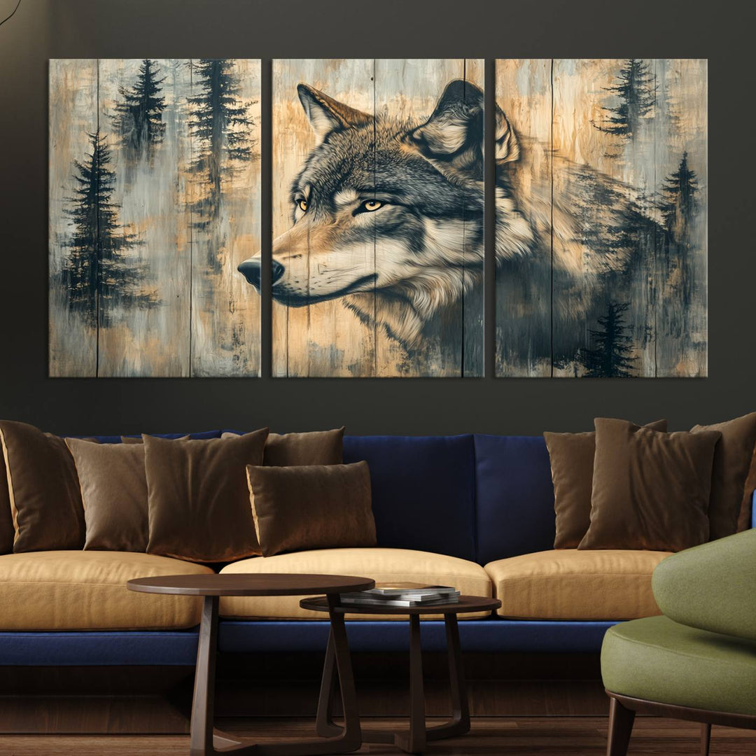 Above the counter is a Wood Style Rustic Wolf Wall Art Canvas Print.