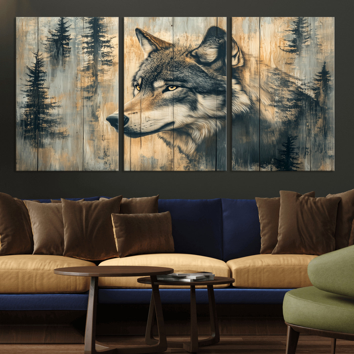 MGV-CV-60X30-3P - Wood Style Rustic Wolf Wall Art Canvas Print, Vintage Woodland Wolf Wall Art, Framed Wood Style Wolf