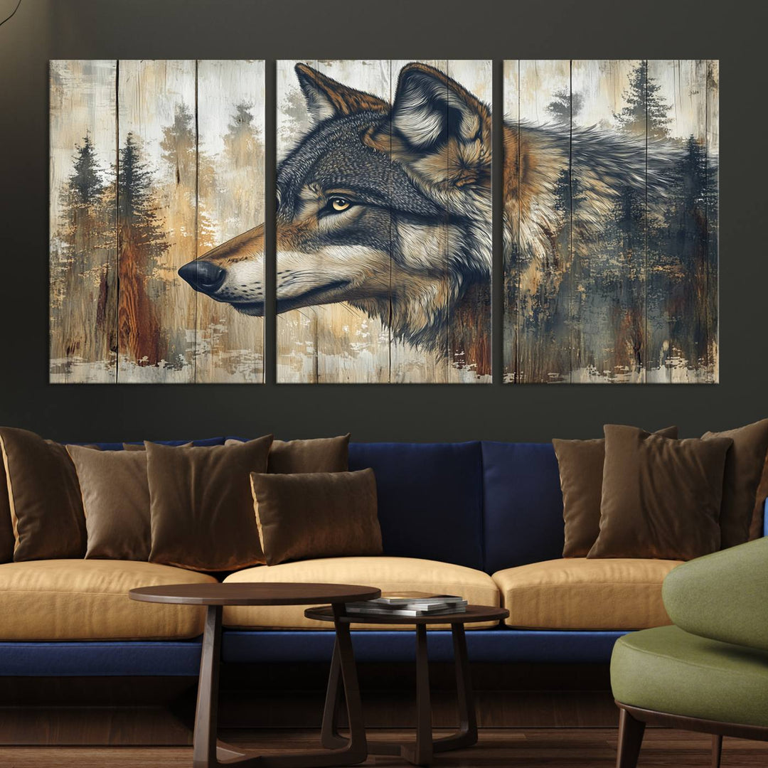 A kitchen dining area features Rustic Wolf Wall Art.