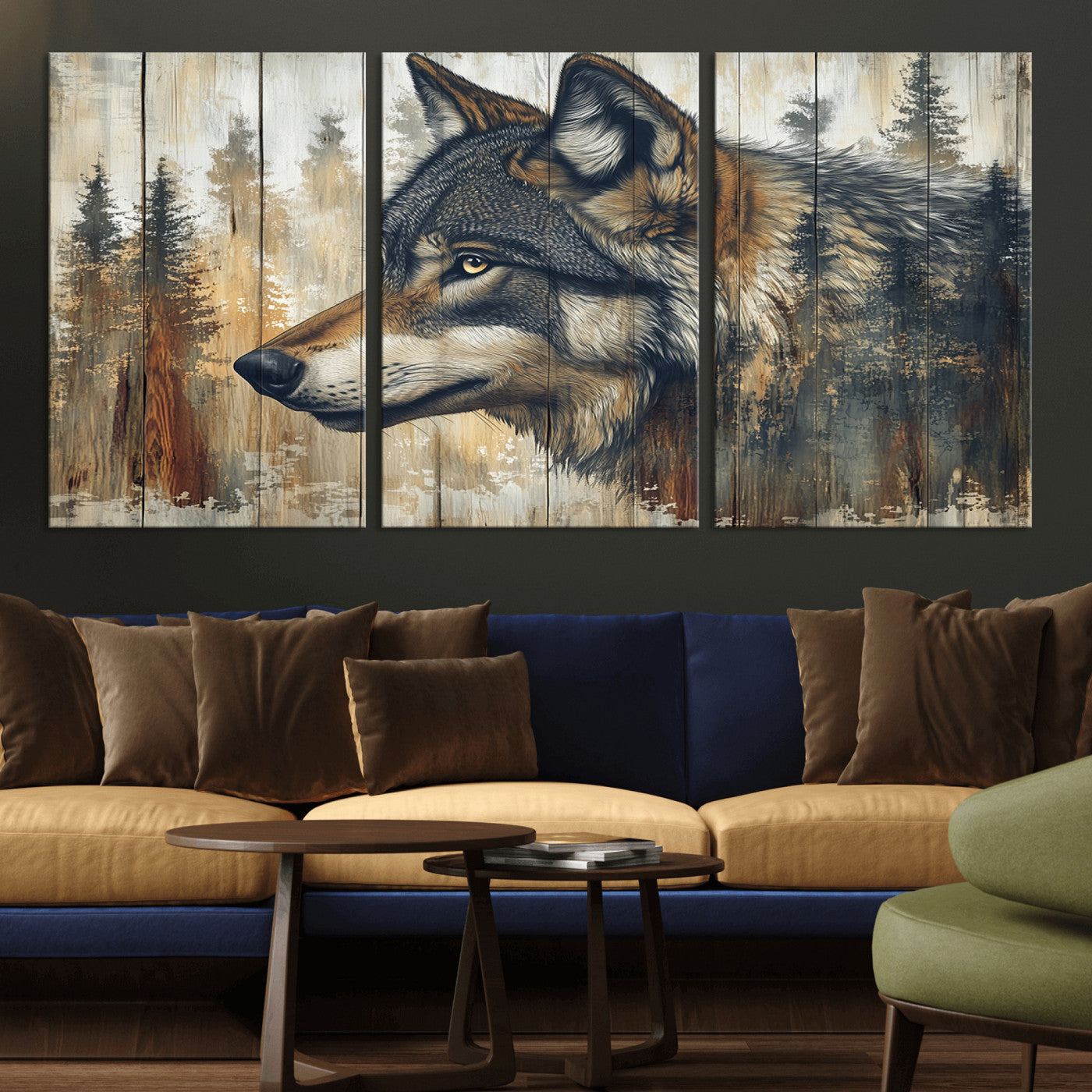 MGV-CV-60X30-3P - Rustic Wolf Wall Art Canvas Print, Vintage Woodland Wolf Wall Art
