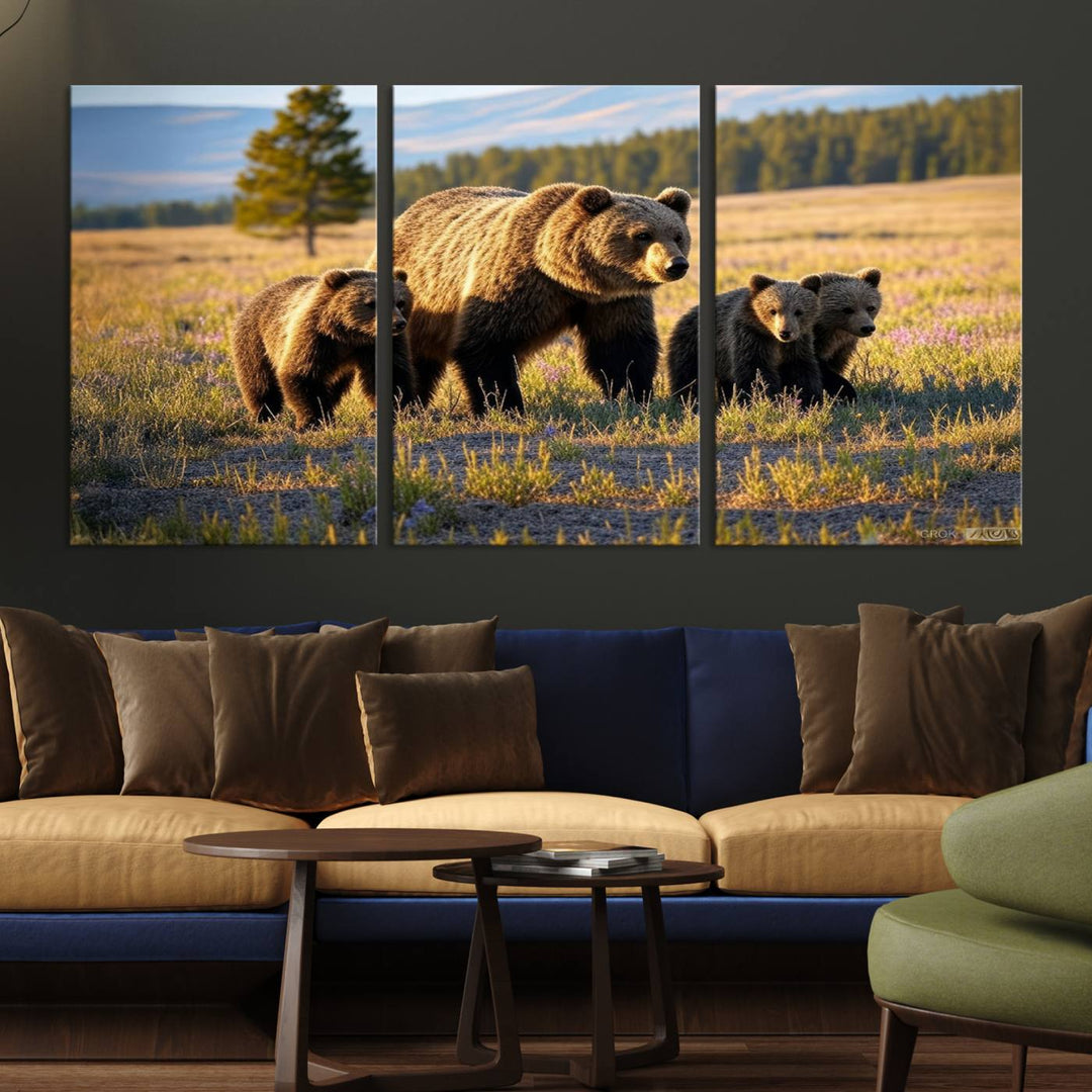 The Grizzly 399 in Wild Flowers wall art canvas print.