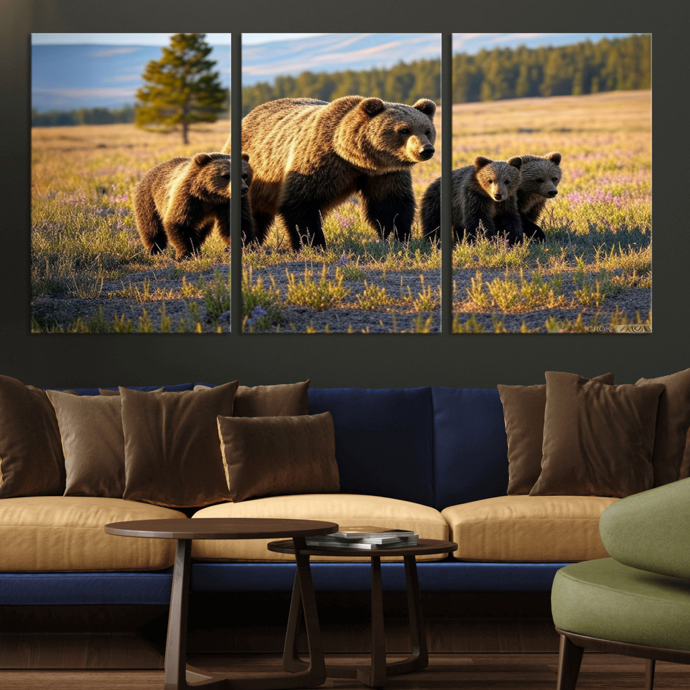 MGV-CV-60X30-3P - Grizzly 399 in Wild Flowers Wall Art Canvas Print, Grizzly Bears Wall Art, Queen of Grand Teton