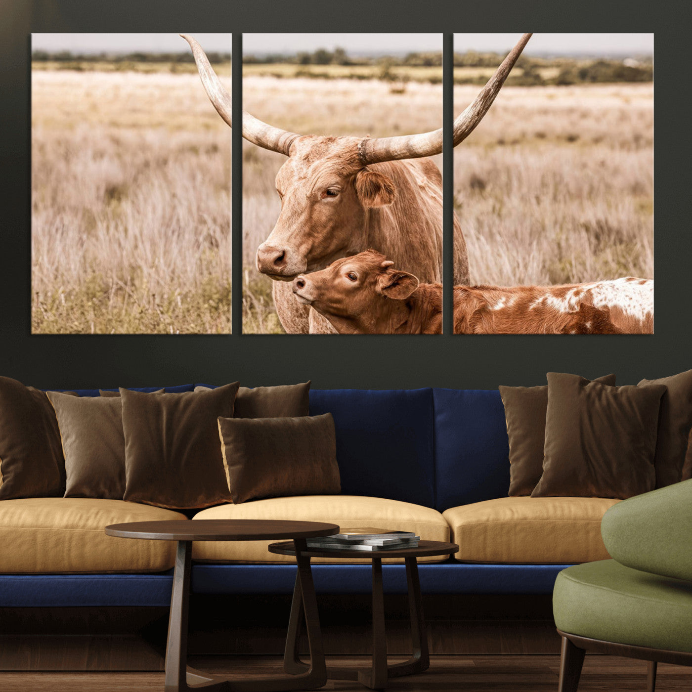MGV-CV-60X30-3P - Texas Longhorn Cow Wall Art Canvas Print for Farmhouse Wall Art, Texas Decor, Western Wall Art Print