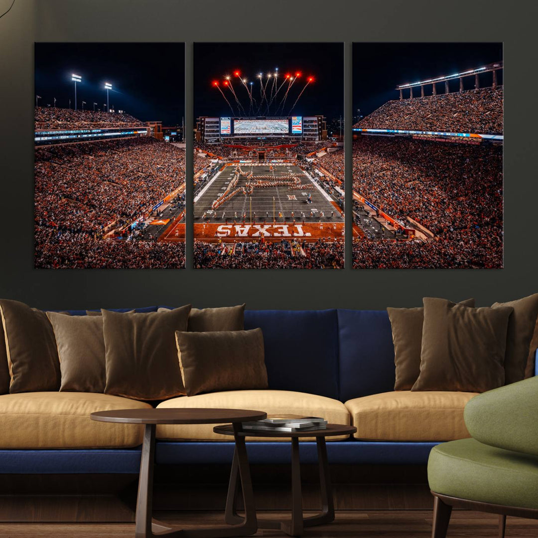 A Texas Memorial Stadium canvas print with fireworks embellishes the modern living room.