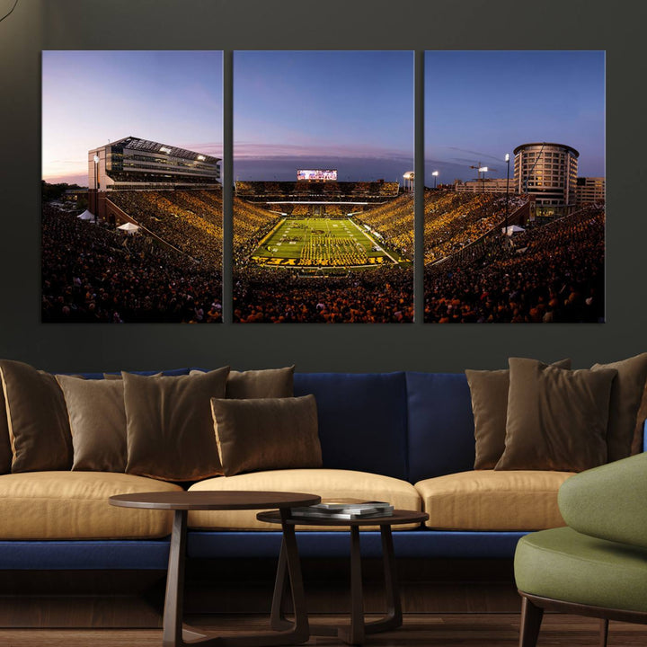 The Iowa Hawkeyes Kinnick Stadium Wall Art Canvas Print captures a sunset scene, making it perfect for display on a wall.