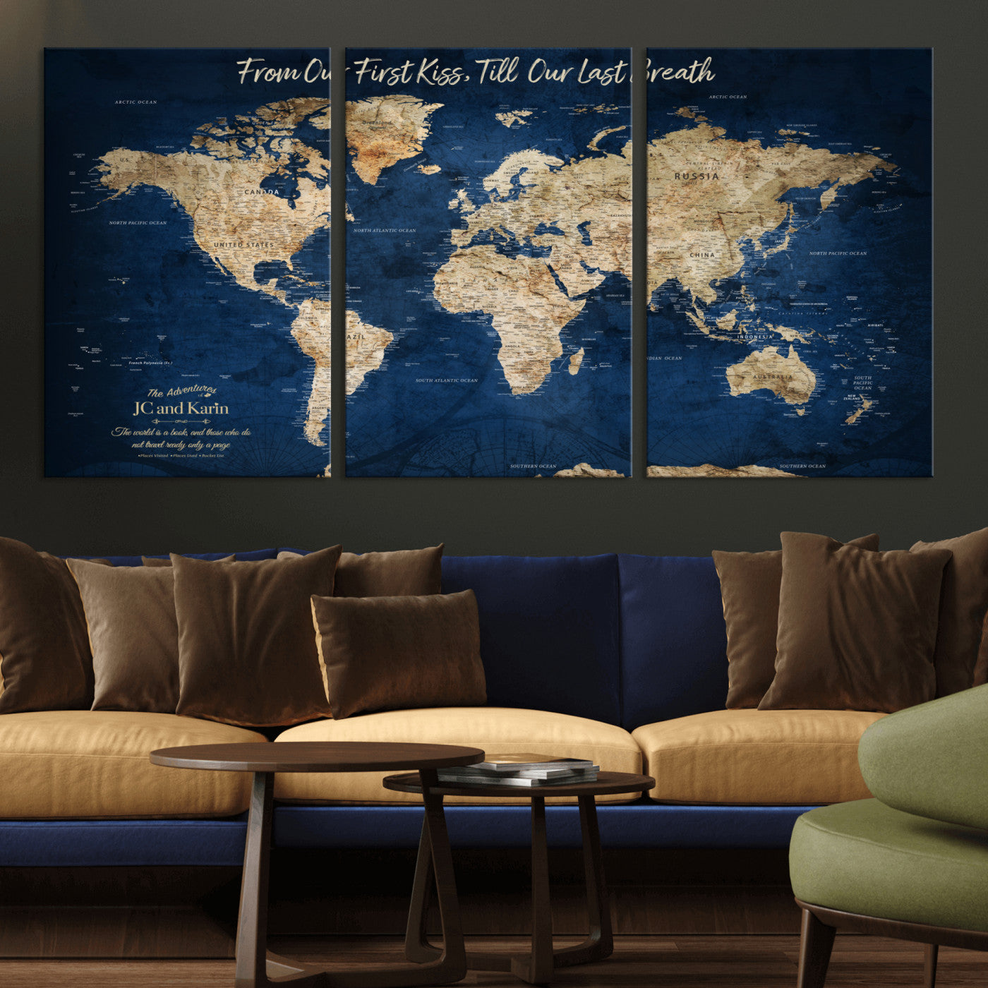 MGV-CV-60X30-3P - Push Pin World Map Canvas Print – Framed Wall Art for Couples to Track Their Travels – Anniversary