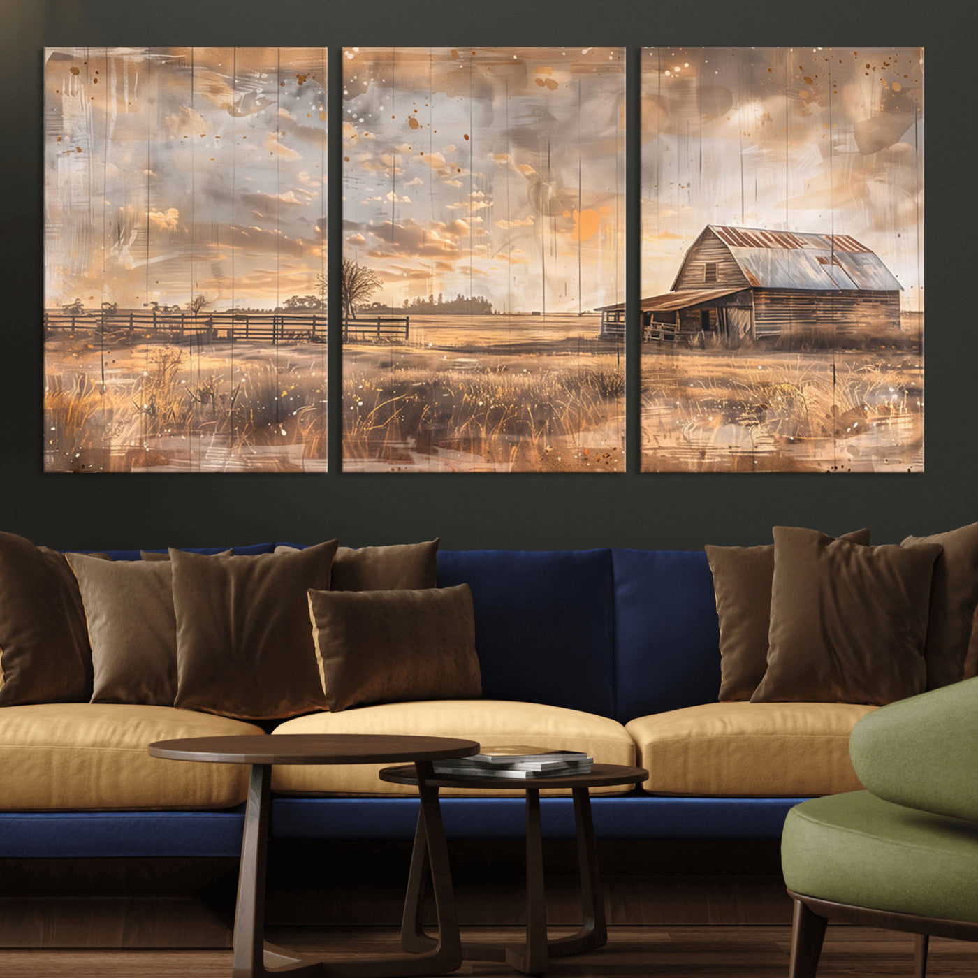 MGV-CV-60X30-3P - Rustic Farmhouse Wall Art Canvas Print | Barn and Field Canvas Print | Vintage Country Landscape