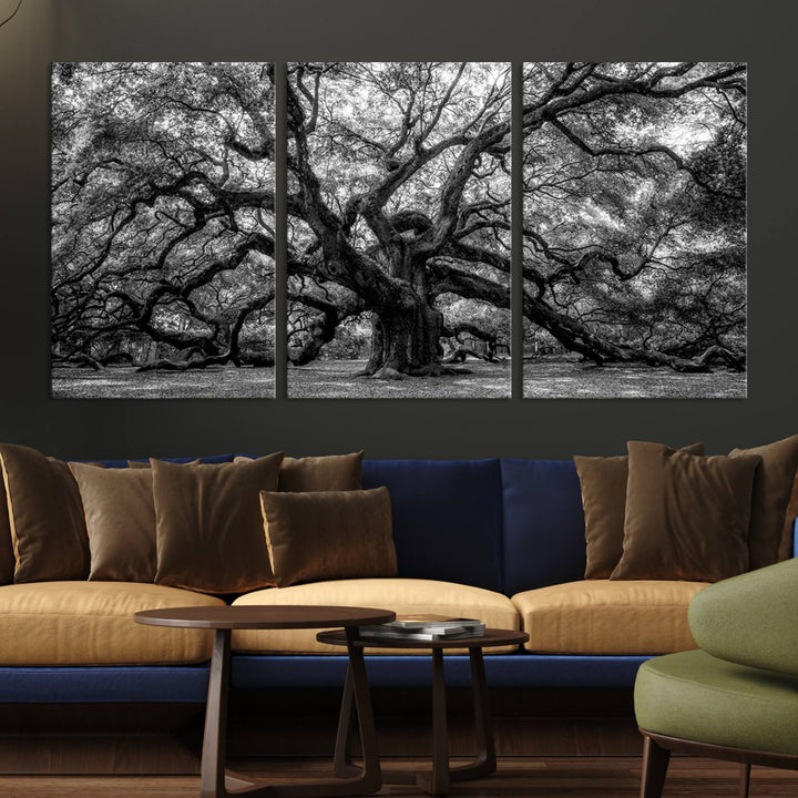 The Black and White Old Angel Oak Tree Canvas Print enhances the modern dining room.