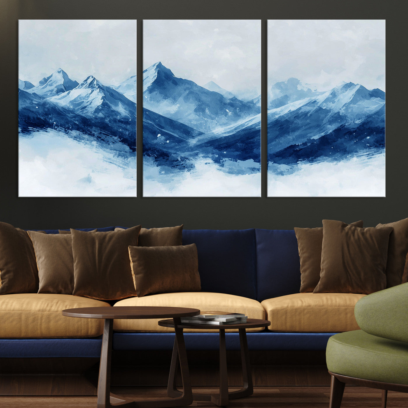Peaceful watercolor-style painting of snowy blue mountains in soft tones, perfect for winter-themed or minimalist wall decor.