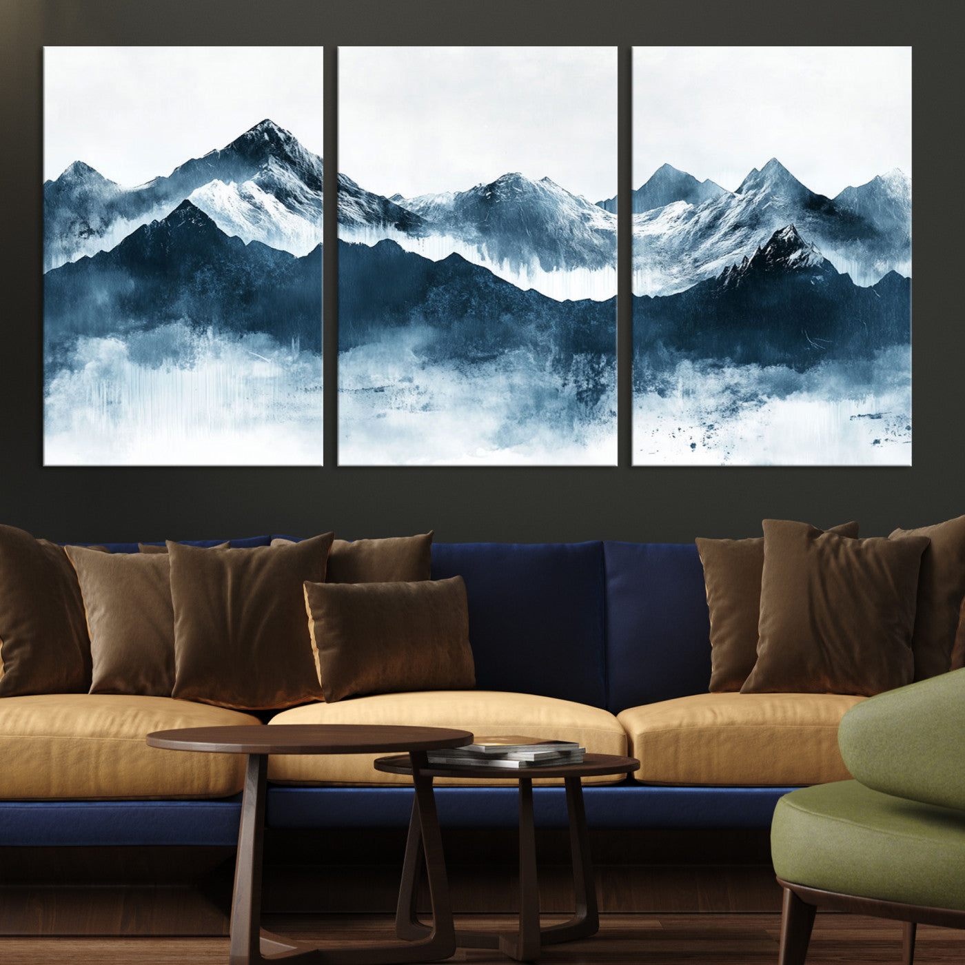 Abstract blue-toned canvas of snowy mountains in misty tones, ideal for minimalist or moody alpine-inspired home decor.