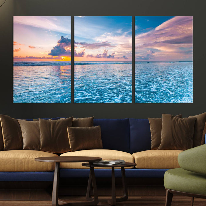 An Ocean Sunset Canvas Wall Art depicting a vibrant sky and rolling waves.