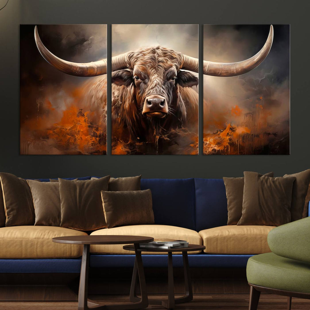 A Highland Bull with striking horns is depicted in a fiery abstract style on a ready-to-hang wall art canvas, evoking strength.