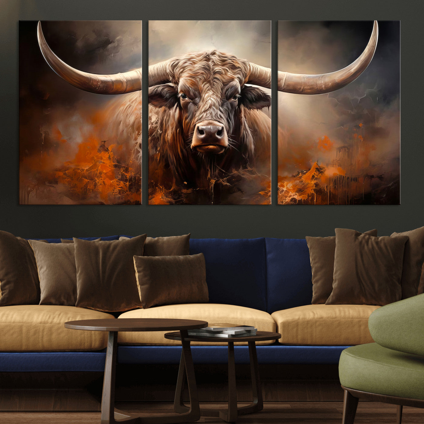 MGV-CV-60X30-3P - Highland Bull Canvas Abstract Canvas Wall Art Print – Powerful Highland Bull with Striking Horns in