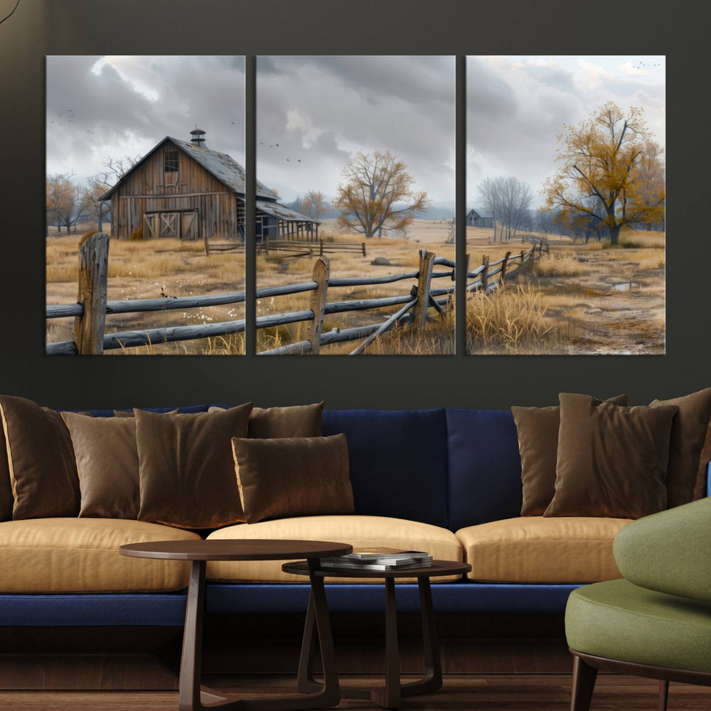 Rustic Autumn Farmhouse Wall Art – Weathered Barn & Trees Canvas Print, featuring a serene scene with birds in the sky. This piece is ready to hang.