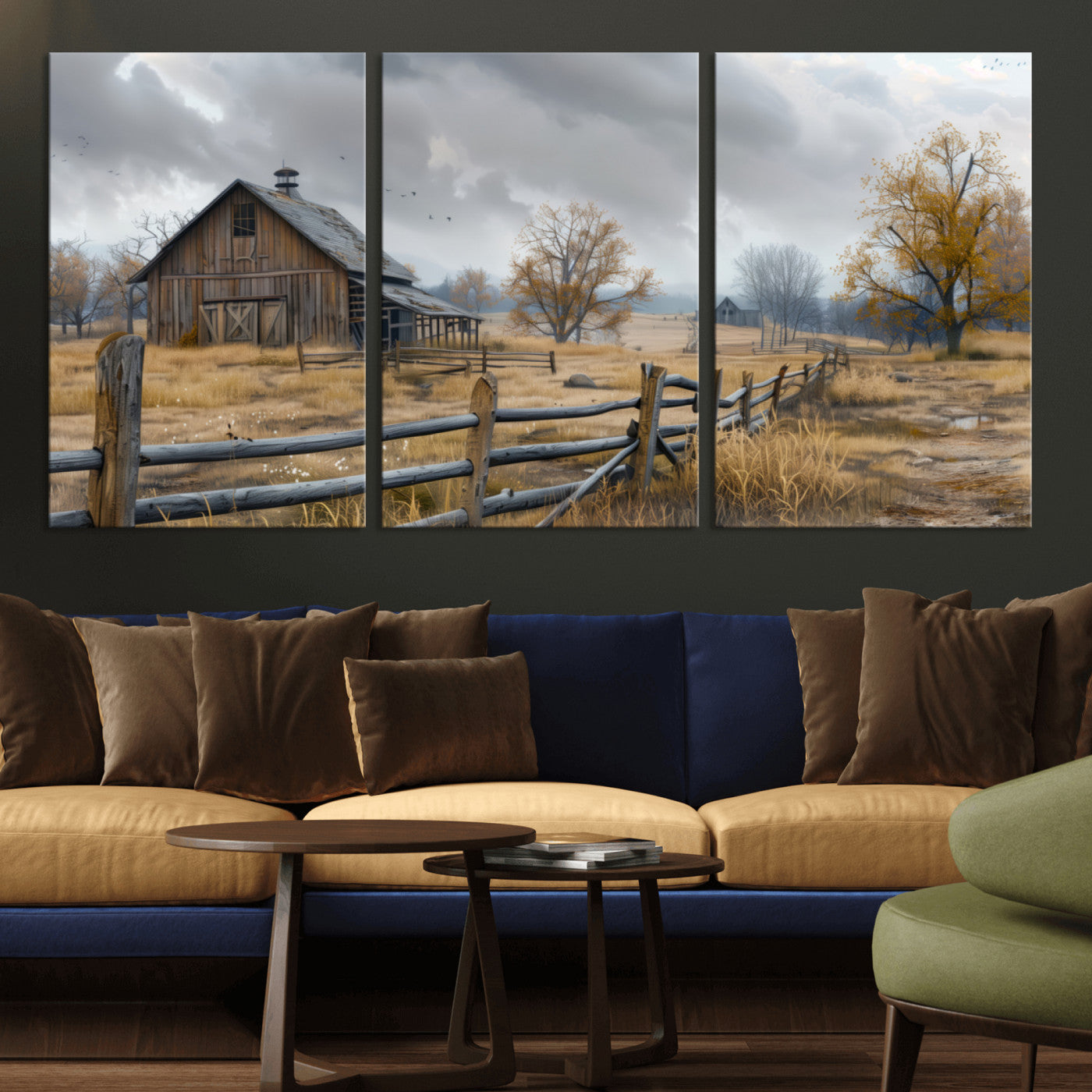 MGV-CV-60X30-3P - Rustic Autumn Farmhouse Wall Art Canvas Print – Serene Countryside Scene with Weathered Barn and