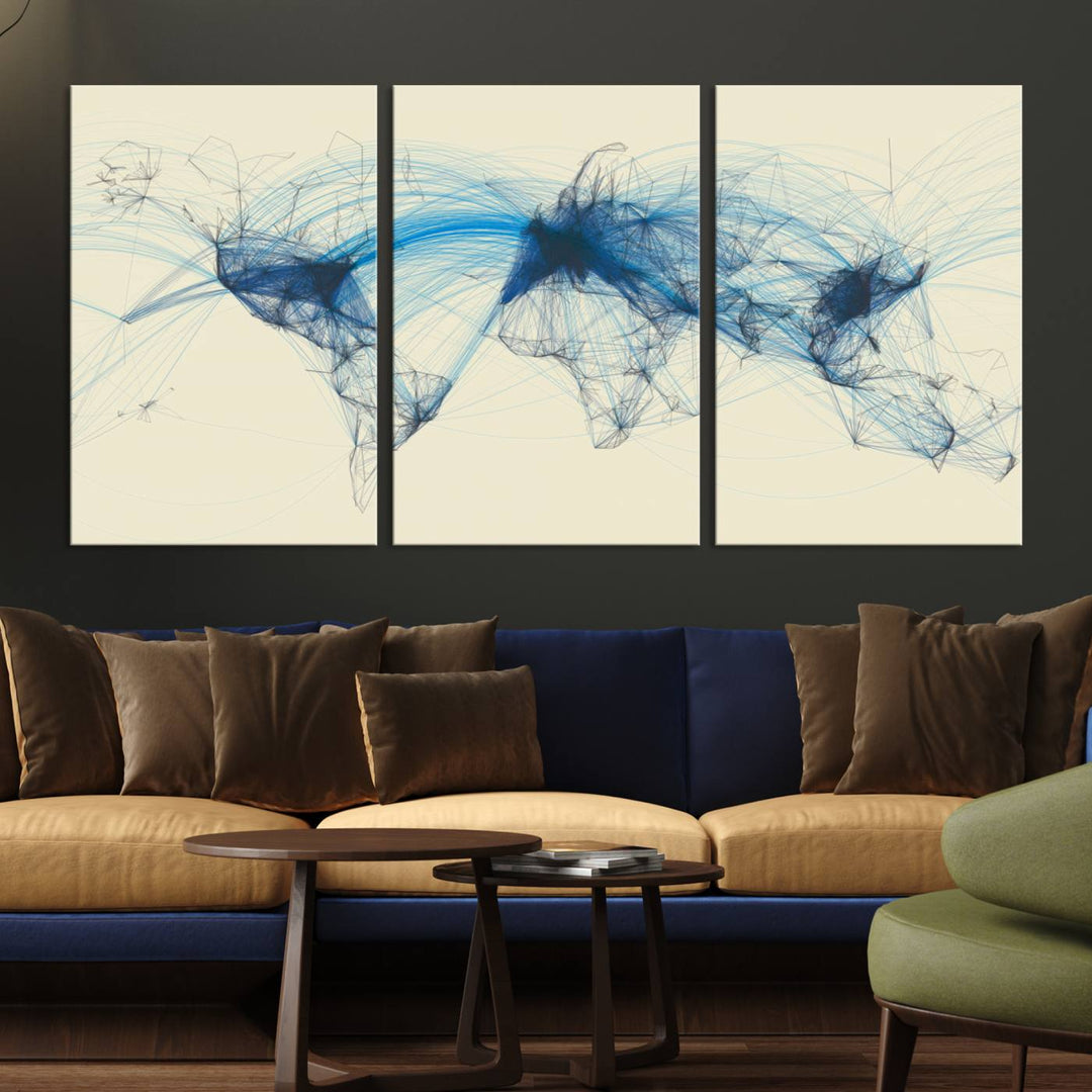 Flight Routes Map: Air Traffic Avi World Map featuring blue lines symbolizing global data. Ideal for home decor and ready to hang.