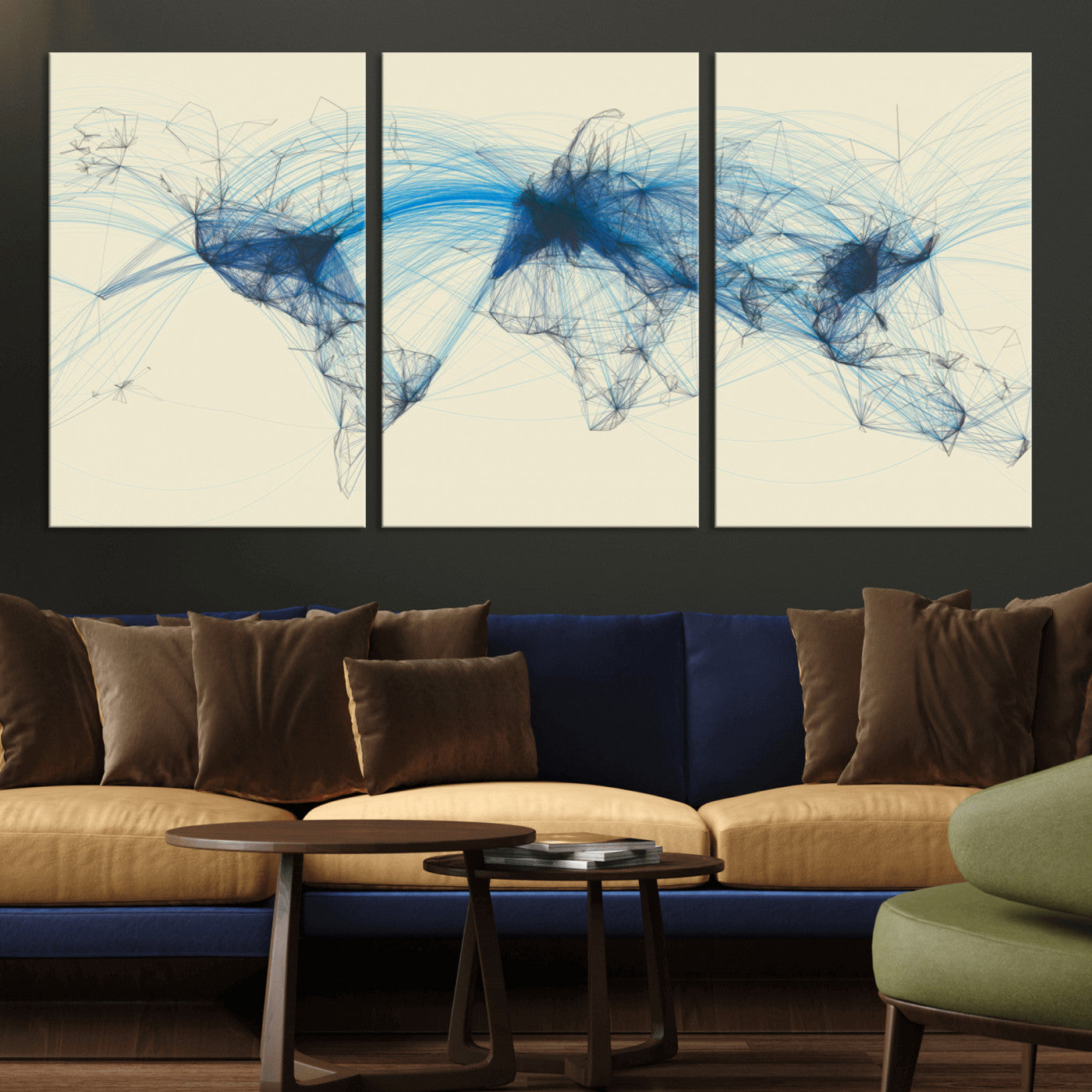 MGV-CV-60X30-3P - Flight Routes Map art Air Traffic Avi World Map with Blue Connections Canvas Wall Art – Modern